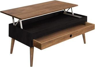 HOGAR 24 Mesa Centro Elevable Madera Cajón Deslizante Color Negro y Encerado