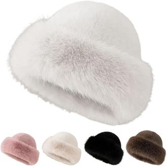 Generic Womens Winter Faux Fur Bucket Hat, Fluffy Furry Warm Hat, Soft Plush Fisherman Cap for Cold Weather (White)