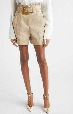 Balmain High Waist Belted Cotton Gabardine Shorts in 0An Sand at Nordstrom, Size 14 Us