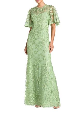 Mac Duggal Womens Flutter Sleeve Floral Emboridered Net Gown in Sage at Nordstrom, Size 16