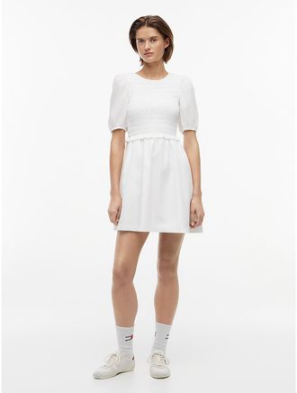 Tommy Hilfiger Womens Tommy Jeans Shirred Poplin Mini Dress - White - XL