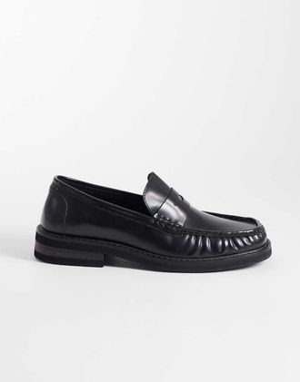 Asos Mocassini college neri in pelle con arricciature-Nero