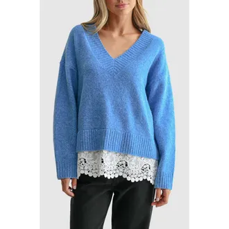All in Favor Lace Hem V-Neck Sweater in Cornflower Blue at Nordstrom, Size X-Small