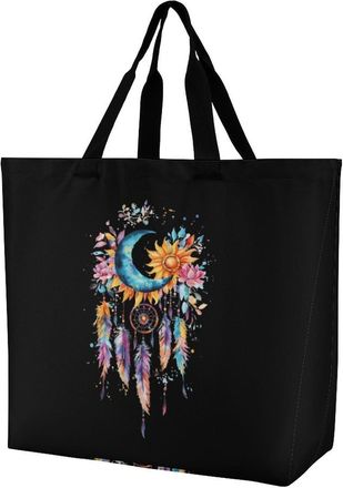 Generic Watercolor Moon Dream Catcher Reusable Shopping Bags Large Capacity Grocery Bag Heavy Duty Tote for Women 40x40x16cm