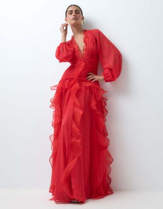 Asos vestito lungo arricciato a maniche lunghe con dettaglio a cascata in rosso-Viola