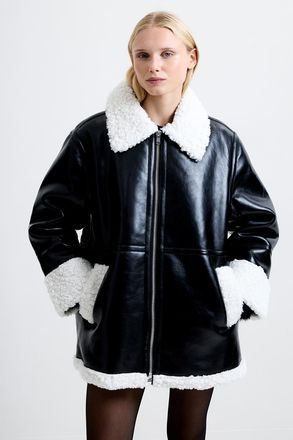 French Connection Womens Black Leather-Look Coat With Faux Fur Trim - Size X-Large