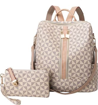 Generic PU Leather Travel Backpack with Zipper for Women College and Outdoor (Beige)