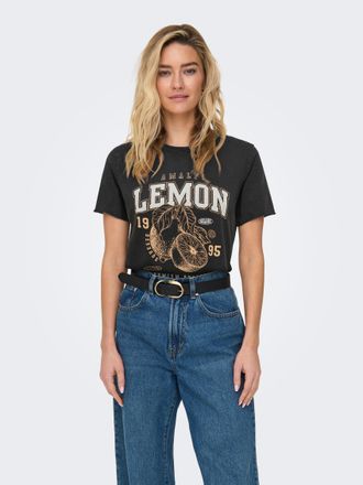 Only Rundhalsshirt ONLY ONLLUCY REG S/S TOP JRS NOOS, Damen, Gr. XL, schwarz print:fruity lemon, Single Jersey, Obermaterial: 100% Baumwolle, bedruckt, reg