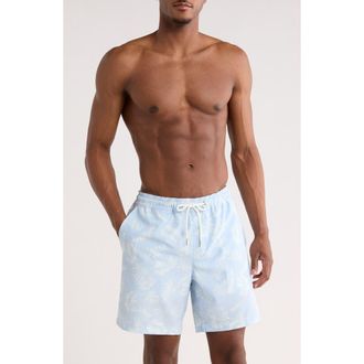 Nordstrom 7-Inch Seersucker Swim Trunks in Blue Breeze Loose Leaves at Nordstrom, Size Xx-Large