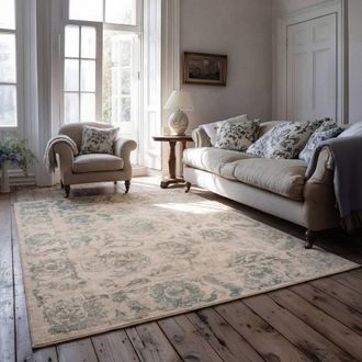 Kukoon Green Beige Floral Distressed Machine Washable Living Room Area Rug in Teal | Size: 160 cm x 230 cm