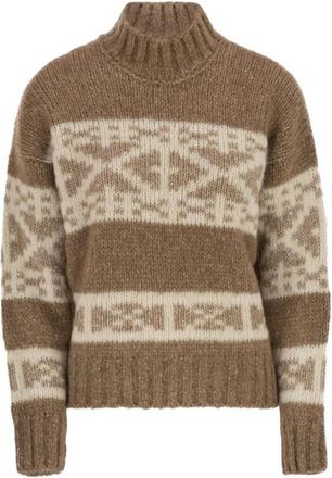 PESERICO Mock Neck Fair Isle Gebreide Trui - Dames - Coltruien - Bruin - L - Katoen - Truien & Vesten