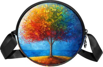 Generic Circle Crossbody Bag for Women, Colored Tree Small Sling Bag Daypack with Zipper Adjustable Shoulder Straps Casual Ladies Girls Round Purse