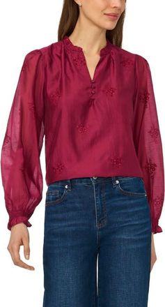 CeCe by Cynthia Steffe Embroidered Ruffle Neck Top in Vivid Plum at Nordstrom, Size Xx-Small