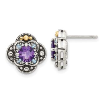 Diamond2Deal Sterling Silver with 14k Gold Accent Amethyst & Swiss Blue Topaz Stud Earrings