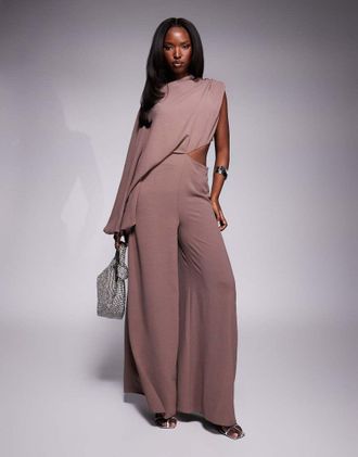 Asos one shoulder blouson sleeve cut out jumpsuit in brown