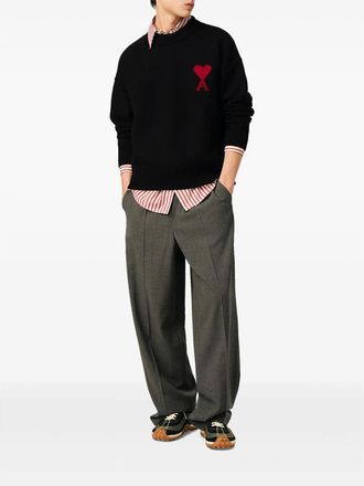 Ami Black Crew Neck Wool Sweater With Ami De Coeur