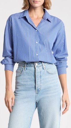 Beach Lunch Lounge Marin Stripe Cotton Crop Bubble Hem Shirt in Rotal Night at Nordstrom, Size Medium