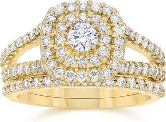 Pompeii3 1 1/10CT Cushion Halo Diamond Engagement Wedding Ring Set 10K Yellow Gold
