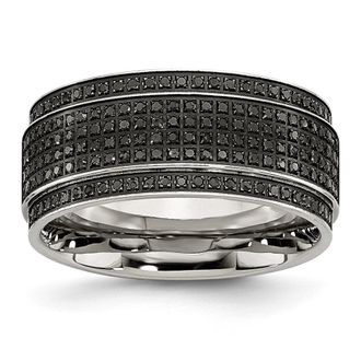 Diamond2Deal Stainless Steel Polished 1/2 Ct Black Diamond 10mm Ridged Edge Band Ring