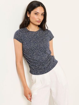 Fat Face FatFace Ruby Navy Coral Print Short Sleeve Ruched Top