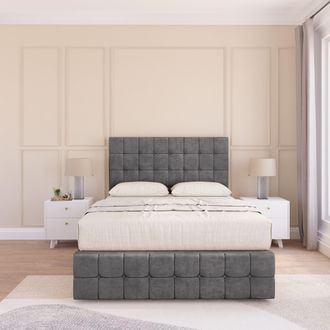 Sloomy Berlin Plush Bed Set, No Drawers Mattress & 26 Headboard in Dark Grey | Size: Small Double