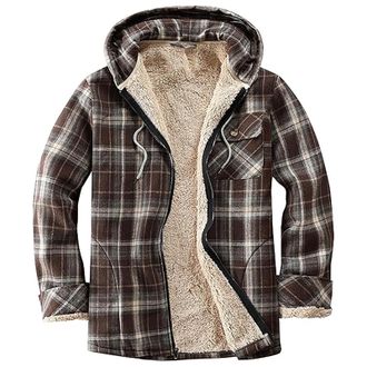 Generic Womens Sherpa Fleece Lined Jackets - Plaid Flannel Shirt Jacket, Hooded Drawstring Pockets, Checked Zip Up Coats, Long Sleeve Casual Loose, Winter War