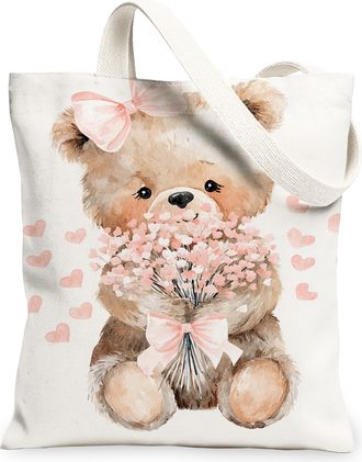Generic Cute Bear Floral Canvas Tote Bags, Adorable Heart Pattern Reusable Grocery Bags, Lightweight Washable Shoulder Strap Canvas, White, 13x15 Inch