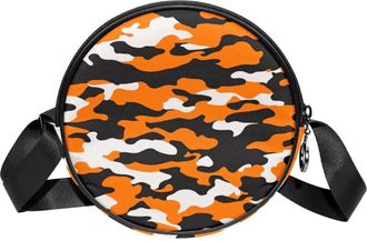 Generic Circle Crossbody Bag for Women, Orange Camouflage Small Sling Bag Daypack with Zipper Adjustable Shoulder Straps Casual Ladies Girls Round Purse