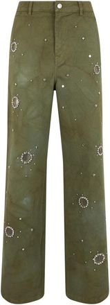 Des_Phemmes Broek met wijde pijpen en decoratieve kristallen - Dames - Wijde Broeken - Groen - XS - Katoen - Broeken