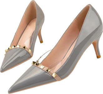 Generic Women Patent Leather High Heel Pumps Pointed Toe Rivet Detail Office Dress Shoes