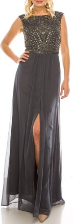 Aidan Mattox Beaded Long A-Line Evening Dress In Grey