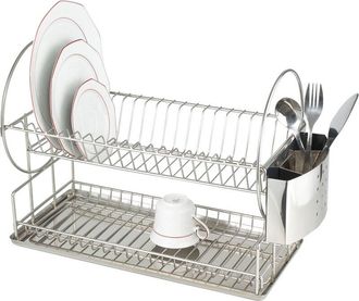 WENKO Scopino per Piatti in Acciaio Inox Duo Esclusivo, Scopino per piatti con cestino coperto, Acciaio Inox, 21x33x49 cm, Lucido - Wenko