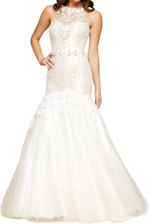 Mac Duggal Trumpet Ball Gown With Lace In Ivory/nude