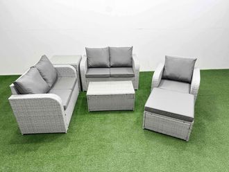 Fimous High Back Poly Rattan Garden Furniture Set w/ Reclining Chair Loveseat Sofa Rectangular Coffee Table Indoor Outdoor Patio Set Big Stool Side