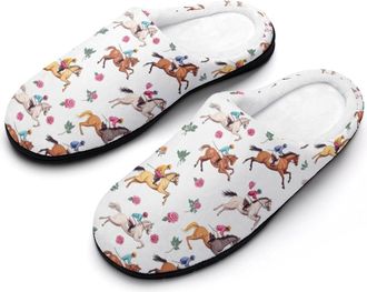 Generic Horse Racing Womens Slippers Warm House Slippers Indoor House Shoes with Anti-Skid Rubber Sole