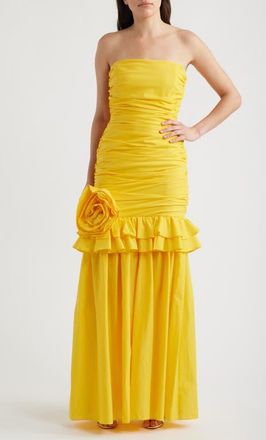 Black Halo Solea Floral Appliqu&eacute; Strapless Gown in Lemon Tonic at Nordstrom, Size 10