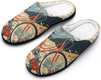 Generic Cycling in Snowy Mountain Flower Fields Slippers Men Winter Warm Cotton Anti-Slip Indoor Slip-Ons House Shoes