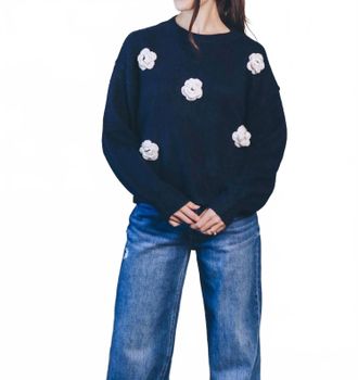 Wishlist 3D Flower Knit Sweater In Navy/cream - Hoc Winter