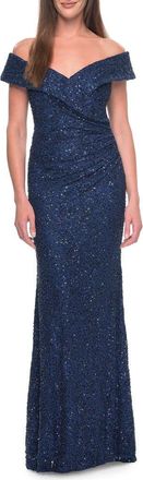 La Femme Off the Shoulder Beaded Lace Evening Gown in Navy at Nordstrom, Size 16