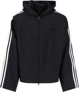 Yohji Yamamoto Cropped Black Hoodie With Iconic Three-Stripes