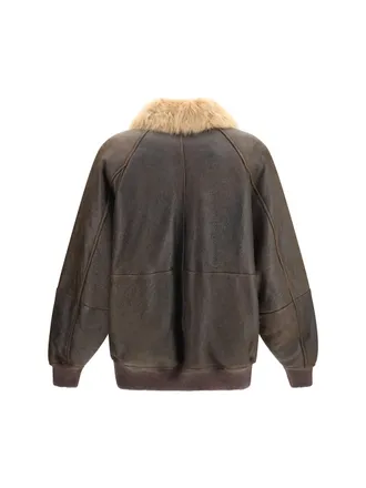 Brunello Cucinelli Vintage-Effect Shearling Bomber Jacket - Brown