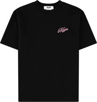 Msgm Black Logo Embroidered Cotton T-Shirt