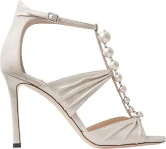 Jimmy Choo London Aura 95 Shimmer Suede Pearl Sandals, Brand Size 35 ( US Size 5 )