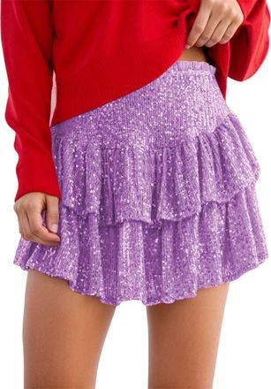 Generic Stylish Sequin Pleated Mini Skirt Fashionable Glitter Pile Design Solid Color Party Wear Leather Skirts for Women UK Mesh Dresses Purple Short Pink Tu