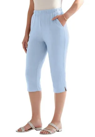 Roaman's Plus Size Soft Knit Relaxed Pull-On Capri Pant in Pale Blue at Nordstrom, Size Small