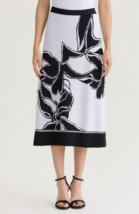 Ming Wang A-Line Floral Jacquard Soft Knit Midi Skirt in Black/white at Nordstrom, Size Xx-Small