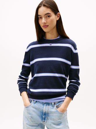 Tommy Jeans Strickpullover TOMMY JEANS TJW ESSENTIAL CREW SWEATER EXT, Damen, Gr. L (40), schwarz night navy, stripe, Feinstrick, Obermaterial: 100% Baumwolle, ge