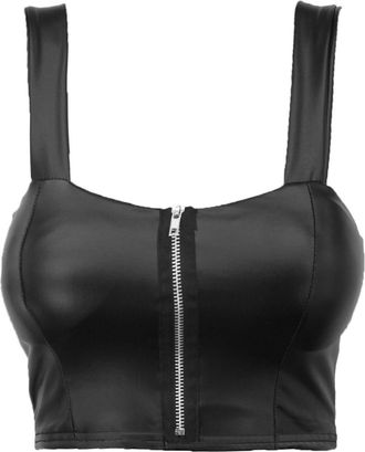 ZEE FASHION Womens Ladies Printed Wet Look Bralet Faux Leather Bandeau PU Crop Strap Zip Bra TOP UK 8-14 Black