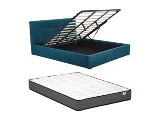 Vente-Unique Canap&eacute; abatible 180 x 200 cm - Tela boucl&eacute; - Azul petr&oacute;leo + Colch&oacute;n - MAZIRI