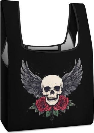 Generic Skull WING Floral Rose Shopping Bag Reusable Grocery Tote Bag Foldable Handbag for Travel Picnic